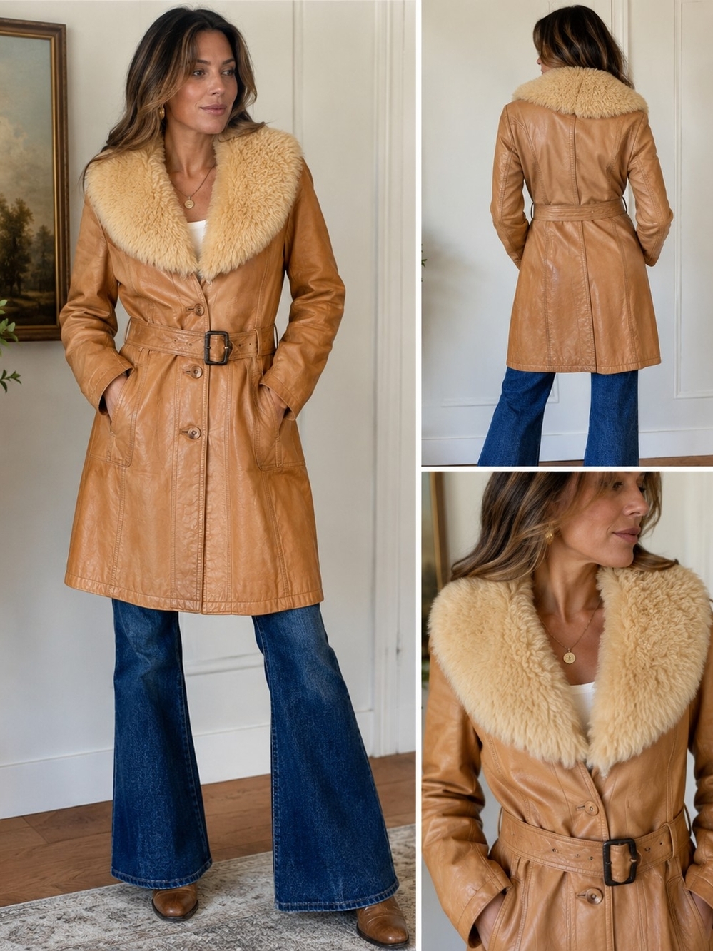 Vintage 1970s Genuine Leather Trench Coat Removable Shearling Collar Belted Boho